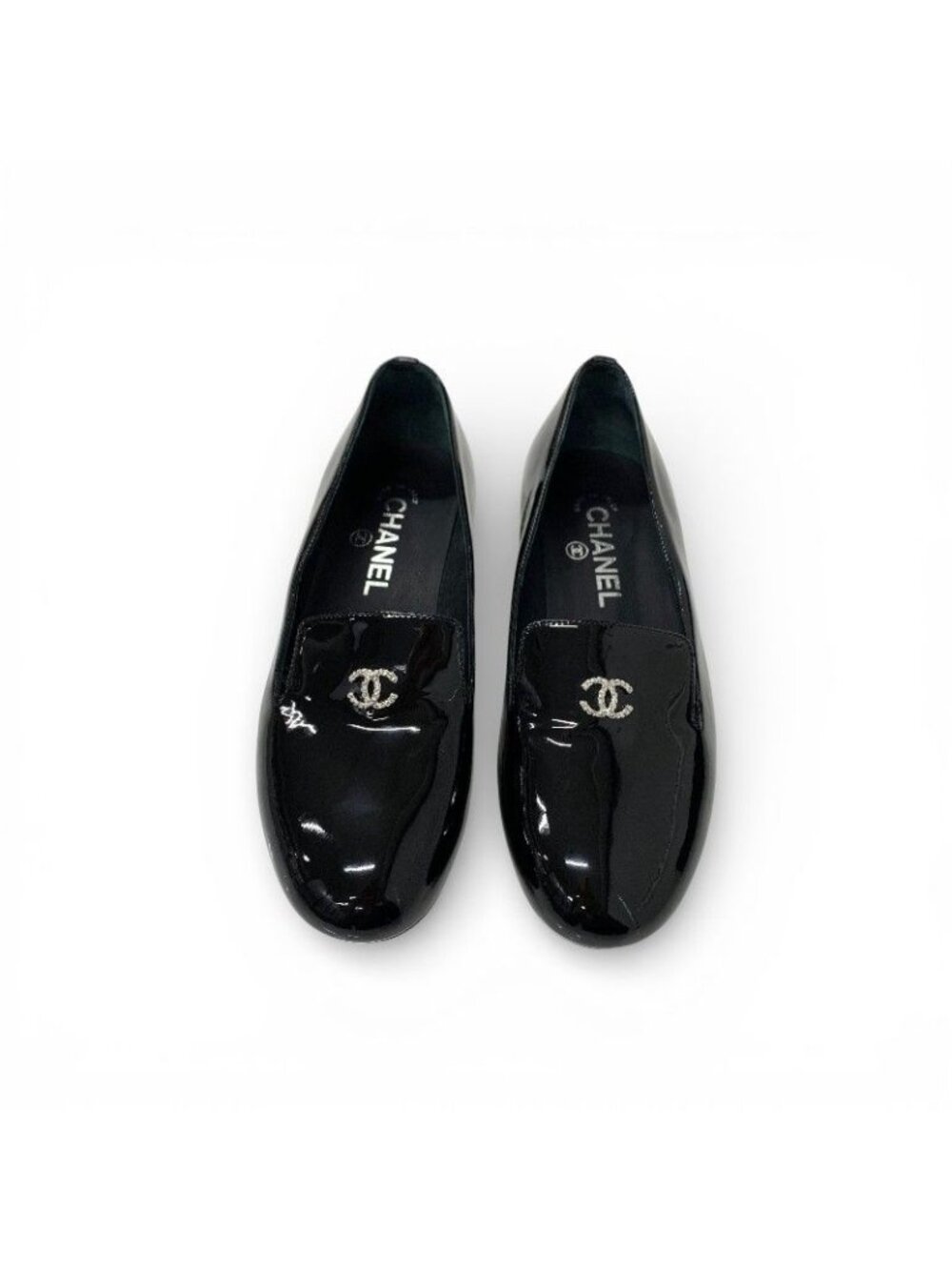 Chanel Loafers Leather Shoes Patent Black Silver CC Logo Pearl Opera Flat - Picture 2 of 10